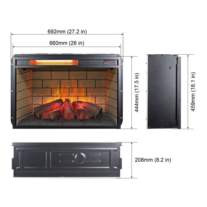 26" Electric Fireplace Insert with Infrared Quartz Heat, Adjustable Flame Brightness & Remote, 1500W Heater