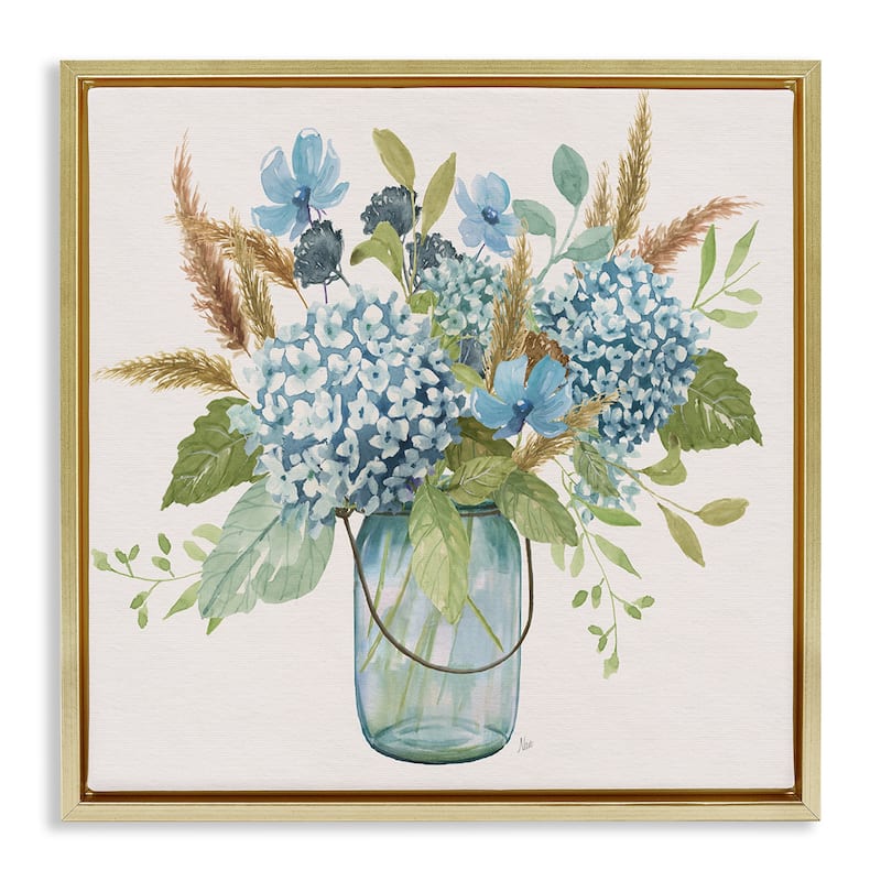 Stupell Hydrangea in Mason Jar Framed Floater Canvas Wall Art Design By Nan - 18 x 18 - Gold