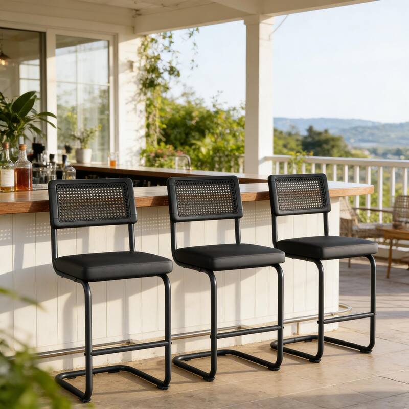 Set of 3 Counter Height Bar Stools with Woven Rattan Back and Footrest for Kitchen Island - 26" H - Black/PU