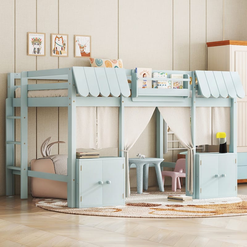 Fairy Tale Cottage Loft Bed with Tent, Bookshelf and Storage Cabinets