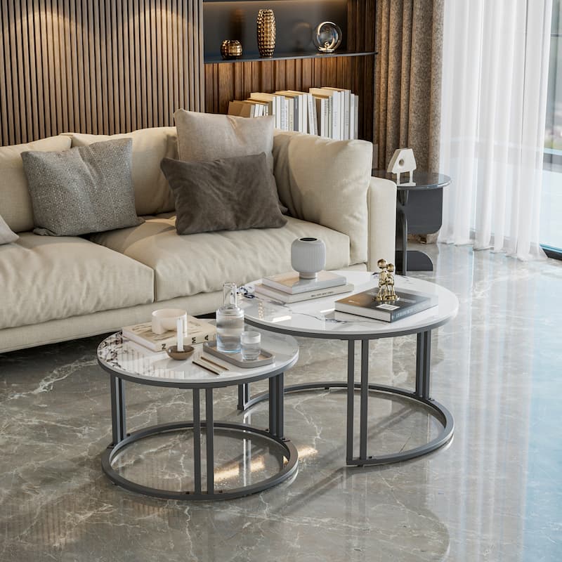 Nesting Round Sintered Stone Coffee Table Jade Ice White