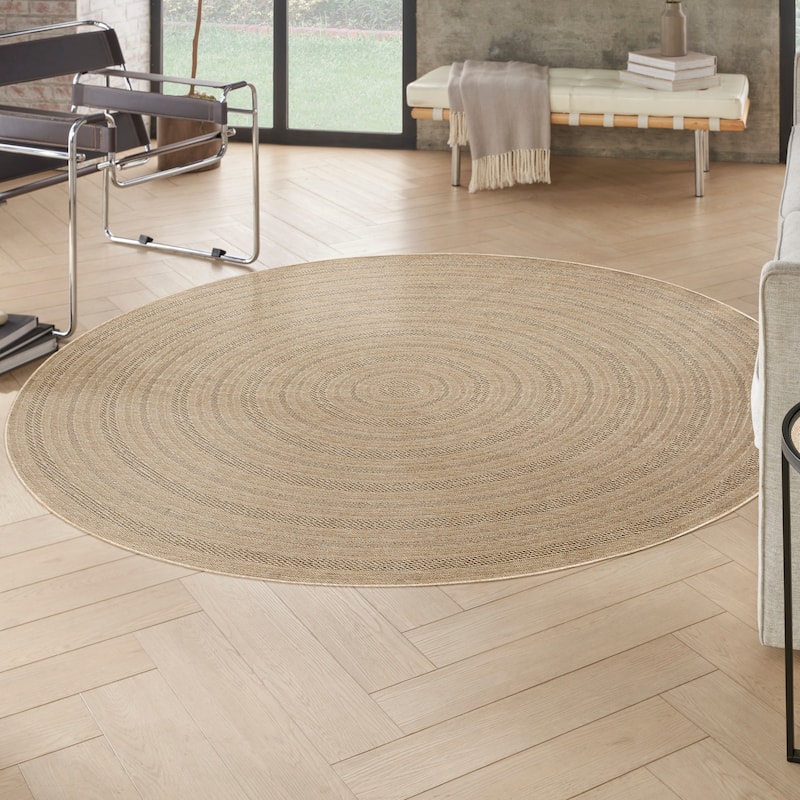 Nourison Tulum Indoor/Outdoor Geometric Area Rug - 8' x Round - Taupe/Grey