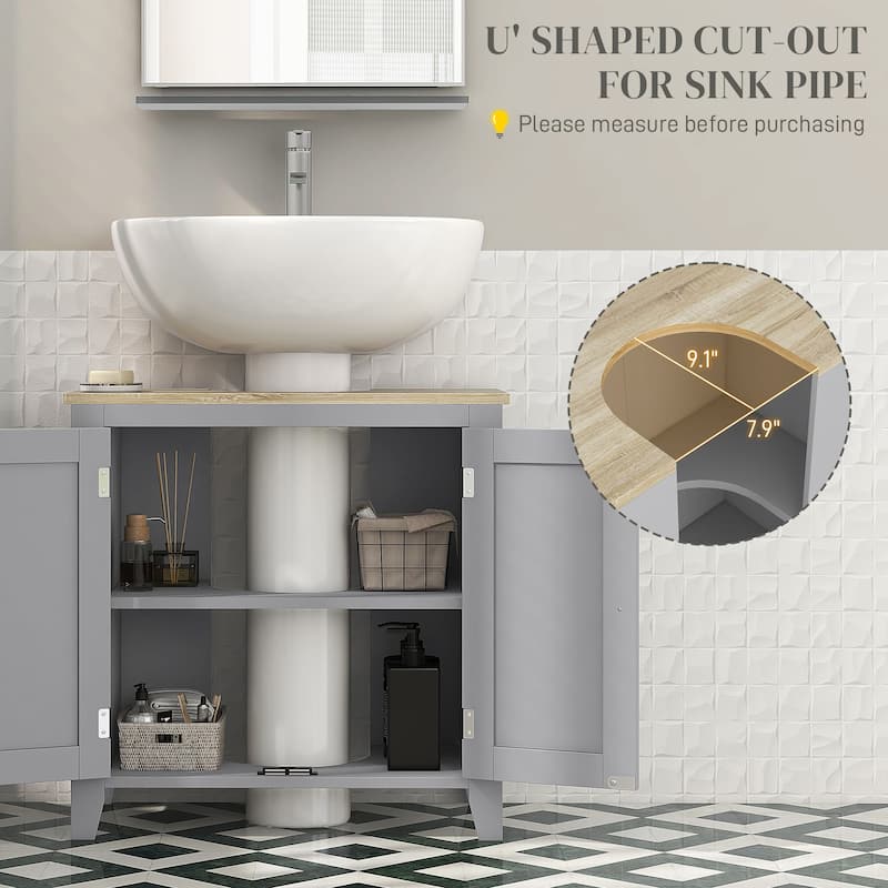 Kleankin Gray Pedestal Sink Storage Cabinet Bathroom Cabinet with U-Shape and Adjustable Internal Shelf