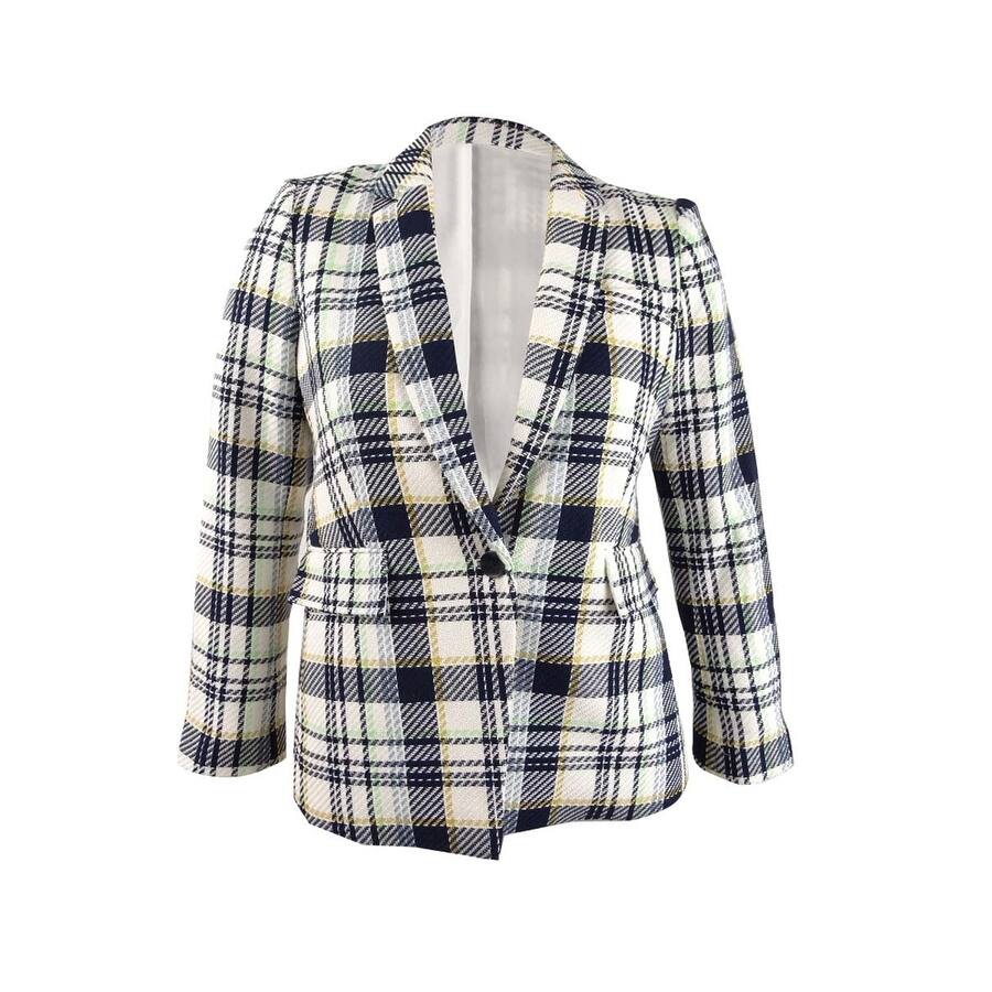 Vince Camuto Women’s Cotton Plaid-Print Single-Button Blazer (14, Pearl Ivory)