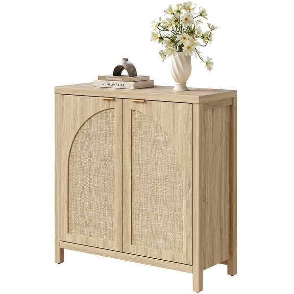 slide 2 of 17, Bohemian Arched Rattan Door Sideboard with 2 Adjustable Shelves - 1-Piece Light Oak - 1-Piece