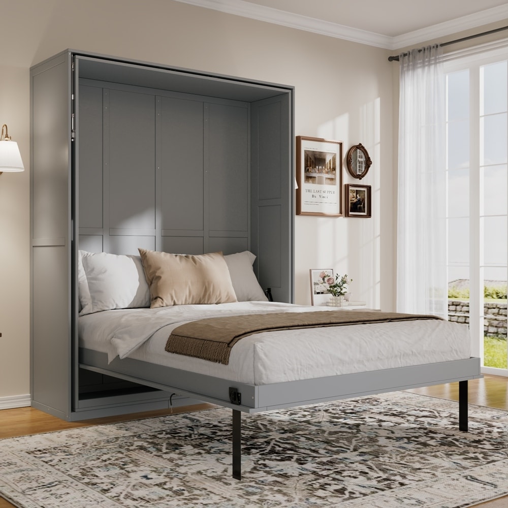 Murphy Bed with Hidden Storage Racks, Space-Saving Multifunctional Wall Bed