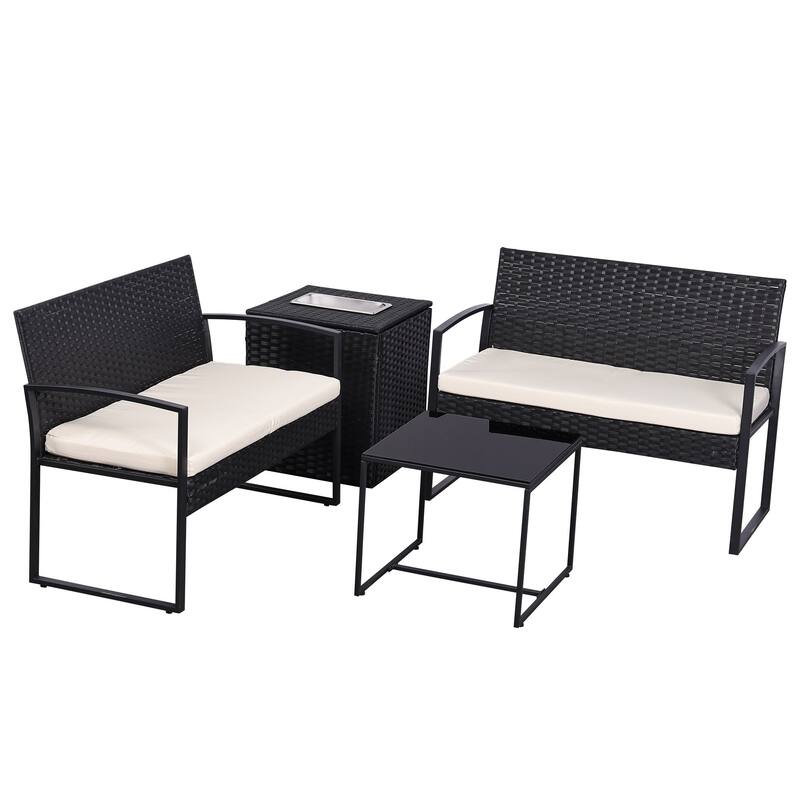 4-Piece Wicker Outdoor Sofa Set, 2 Loveseats, 1 Table, 1 Ice Bucket
