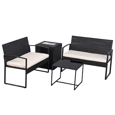 4-Piece Wicker Outdoor Sofa Set, 2 Loveseats, 1 Table, 1 Ice Bucket