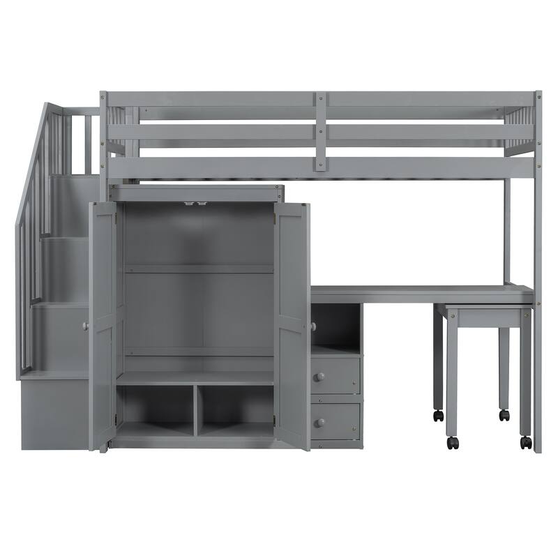 Twin Loft Bed with Staircase & Study Station and 5-in-1 Storage, 300lb Capacity
