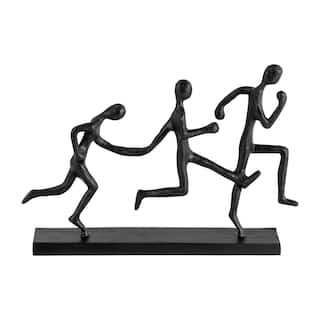 13"Lx3"Wx9"H, Metal Three-man Running Sculpture, Black Finish, Wood Base, Decorative Sculpture for Table Decor or Shelf