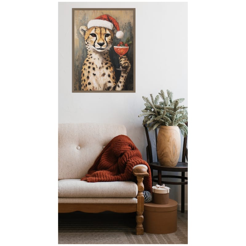 Kate and Laurel Sylvie Framed Canvas Cheetah Festive Cocktail Santa Hat by The Creative Bunch Studio