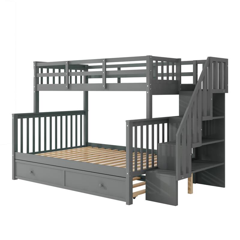 Twin-Over-Full Bunk Bed with Twin size Trundle,Storage and Guard Rail