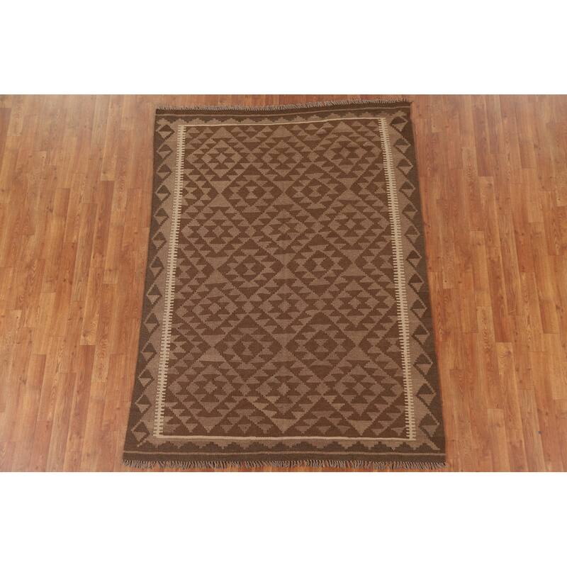 Hand-woven Geometric Kilim Area Rug Oriental Brown Wool Carpet - 5'0" x 6'10"