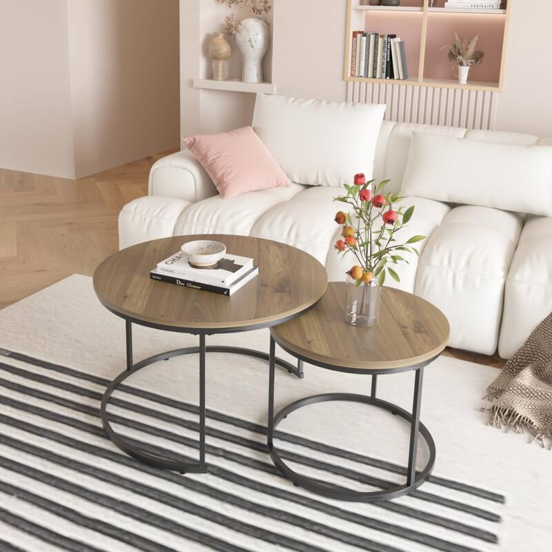 Anmytek Round Nesting Coffee Table Set 2 Piece Wood and Metal Side Tables for Living Room