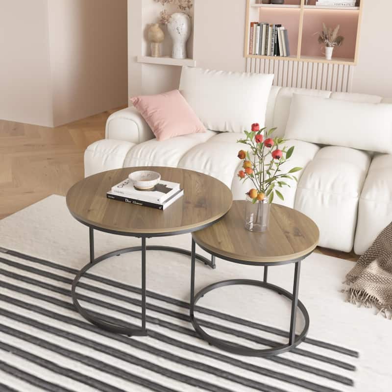 Nesting Coffee Table Round Coffee Table Tea Table Side Table with Metal Frame, for Living Room Bedroom Balcony Garden