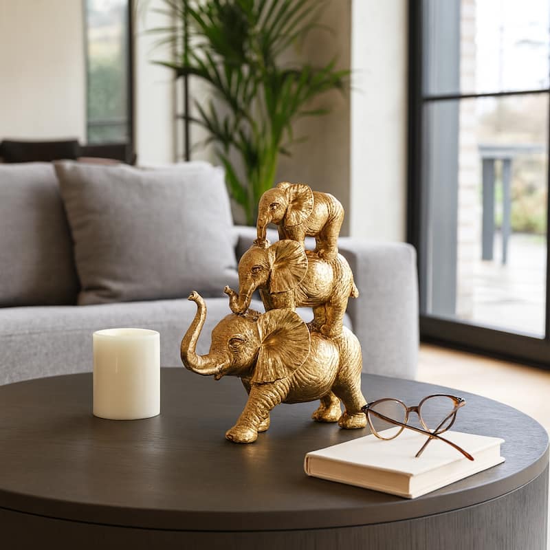 Resin Stacked Raised Trunk Elephants Figurine - Gold, 10"