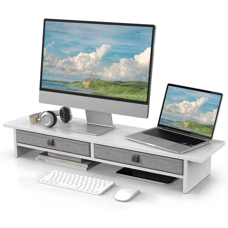 Fenge Dual Monitor Stand, 2 Tiers Monitor Riser for Desk - White