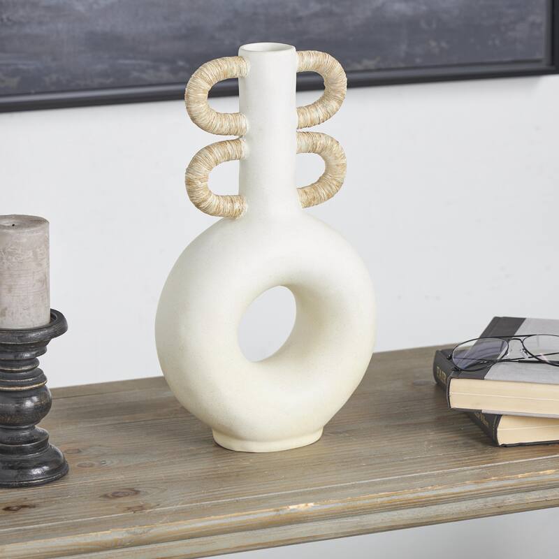 Resin Round Speckled Decorative Vase with Woven Inspired Arched Handles and Cutout Opening - Cream - Roche River Decor