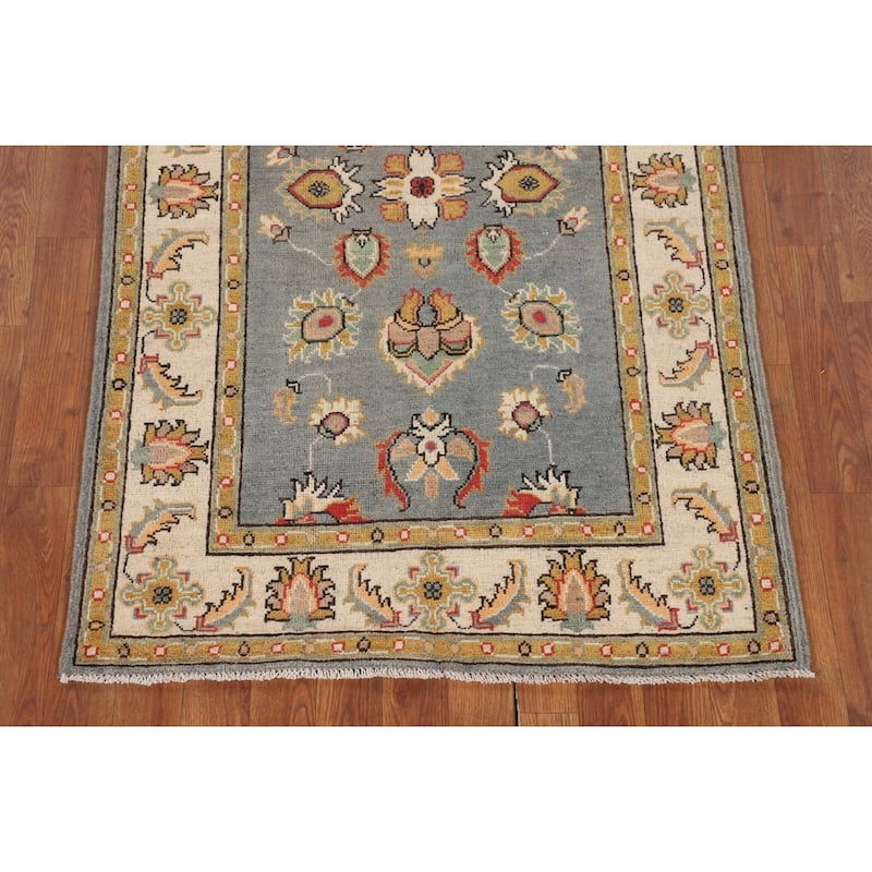 Floral Gray Oushak Accent Rug Handmade Wool Carpet - 3'2" x 4'11"