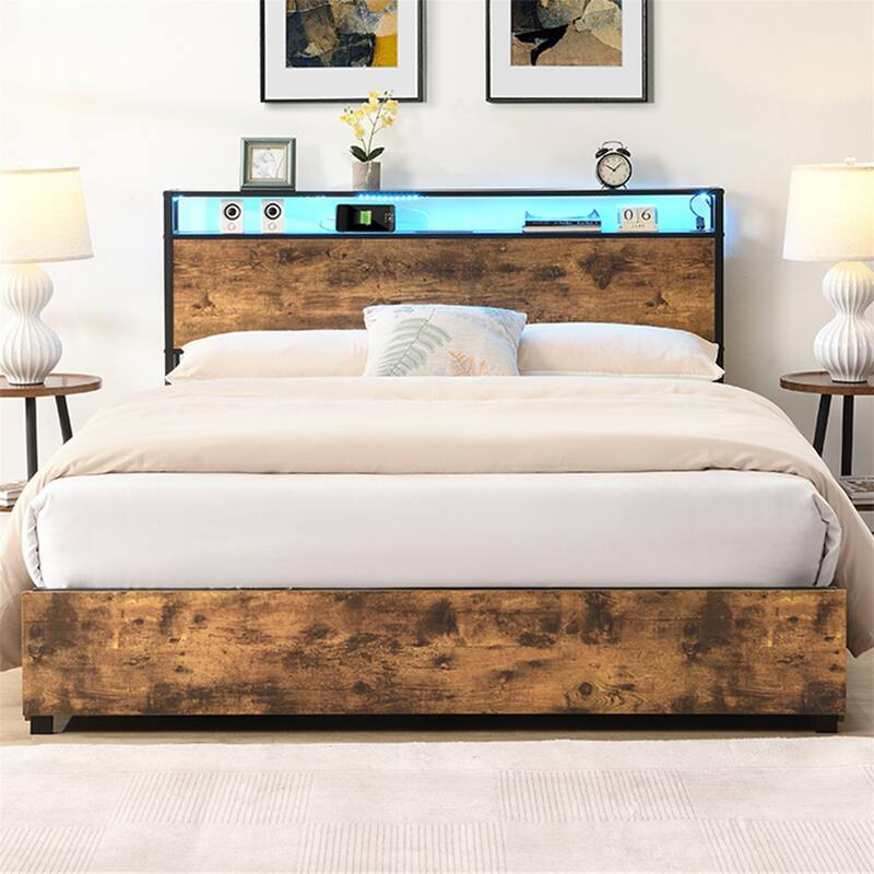 Queen/Full Size Bed Frame,Storage Headboard with Charging Station - Full