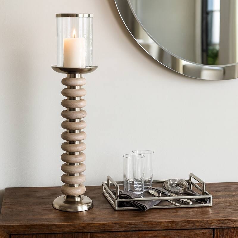 Candle Holder - Pillar with Wood Ring Base - 25.0"