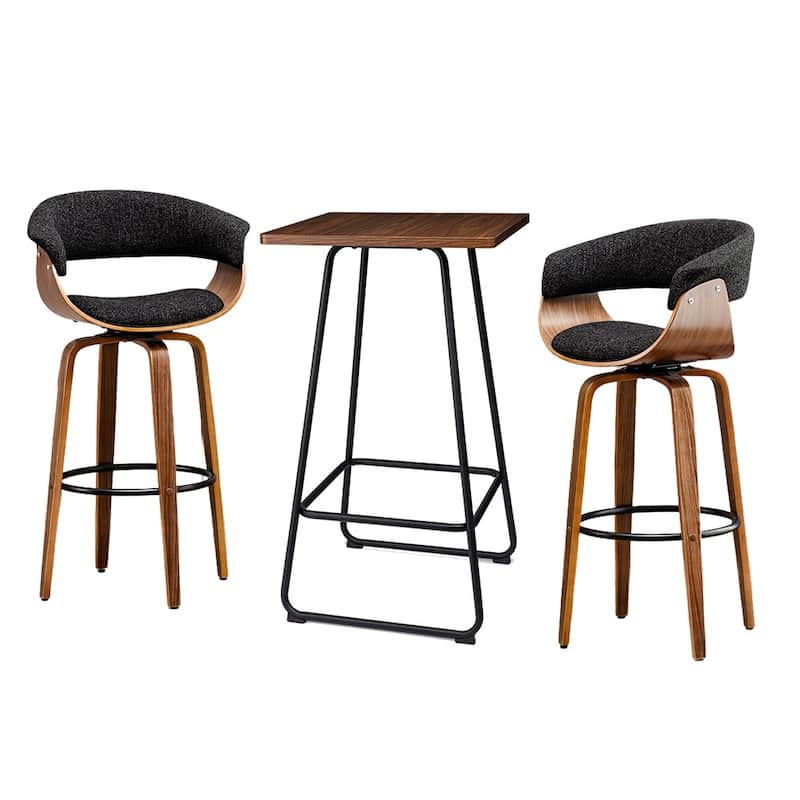 Glitzhome Small Space Set of 3 Swivel High Bar Stool Kitchen Chairs & Square Wood Top Pub Table - Brown Table & Black Fabric Chairs