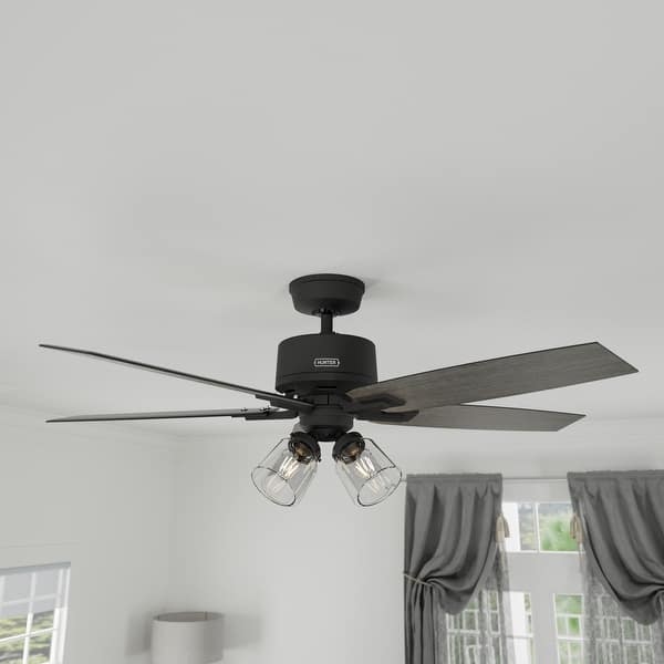 slide 2 of 18, Hunter Gatlinburg Ceiling Fan w/ LED Light Kit, Handheld Remote - Transitional- EASY INSTALLATION 52" - Matte Black