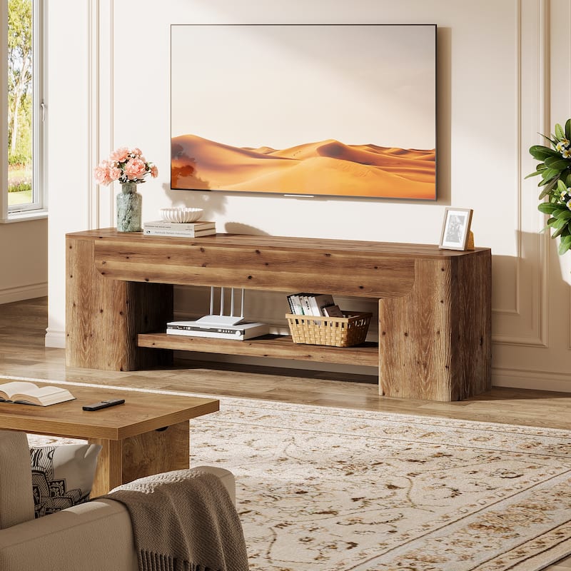 Solid Wood TV Stand for TVs up to 75 Inch, Entertainment Center with Open Storage Shelf, 63" TV Console for Living Room Bedroom
