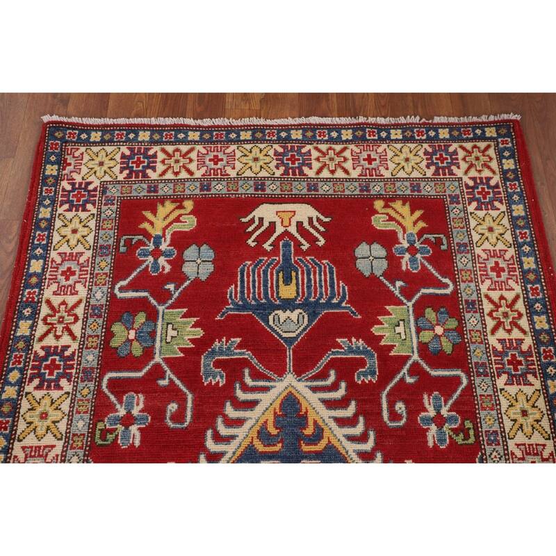 Red Geometric Kazak Rug Handmade Oriental Foyer Wool Carpet - 3'3" x 5'5"