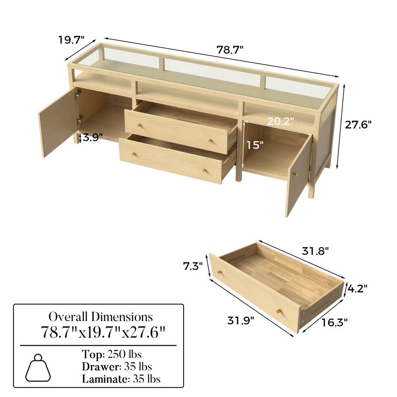 78.7" Solid Wood Sideboard with Tempered Glass Top, Modern Light Oak Buffet Cabinet Console Storage Cabinet