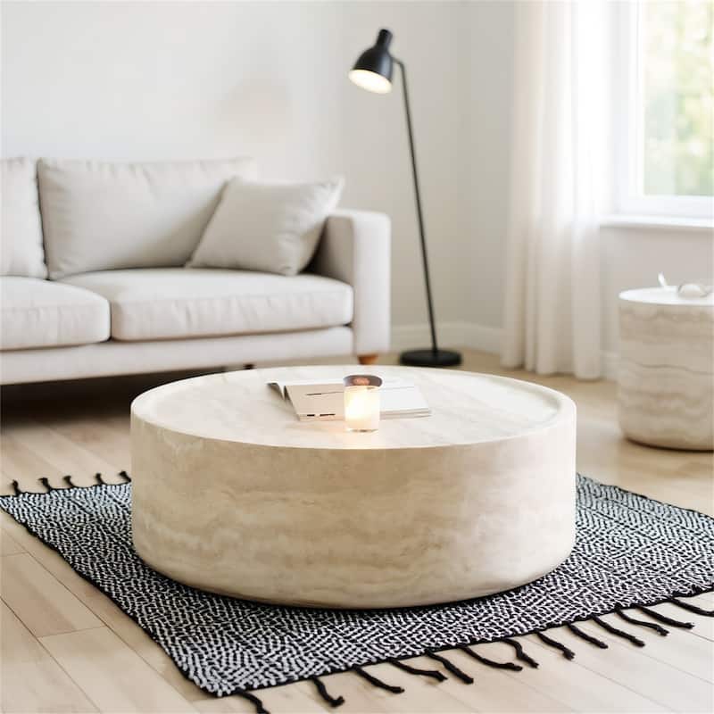 Modern Coffee Tables Tea Faux Travertine Textured Table, No Need Assembly