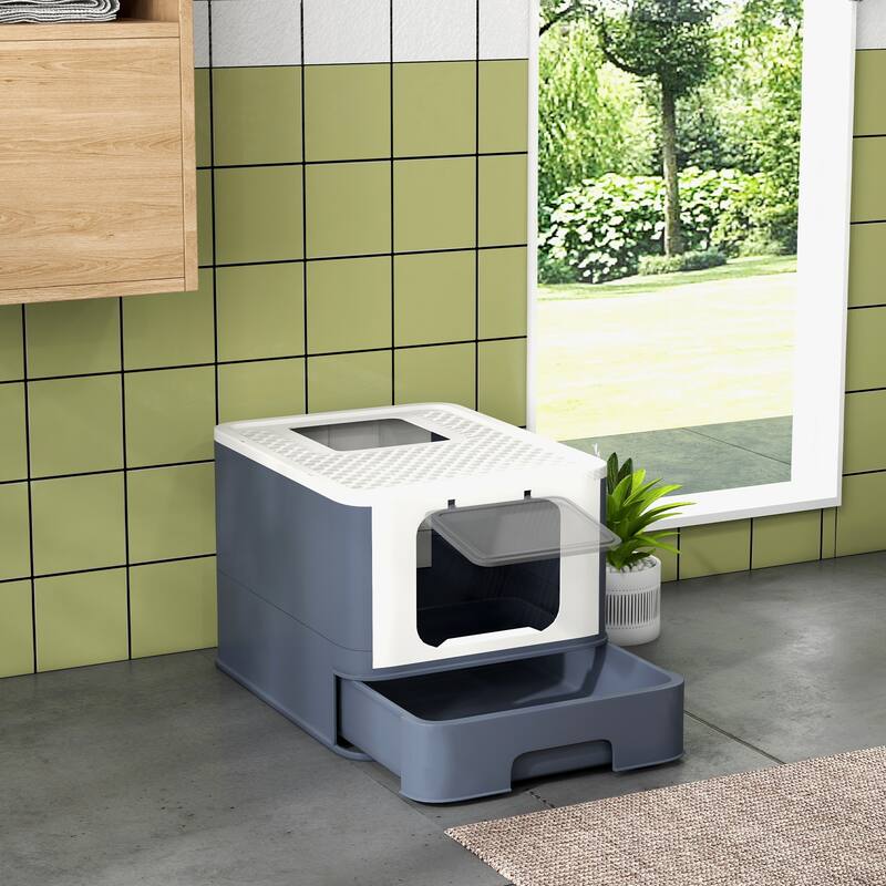 PawHut Cat Litter Box with Lid & Scoop for Large Cats Up to 13 lbs., White