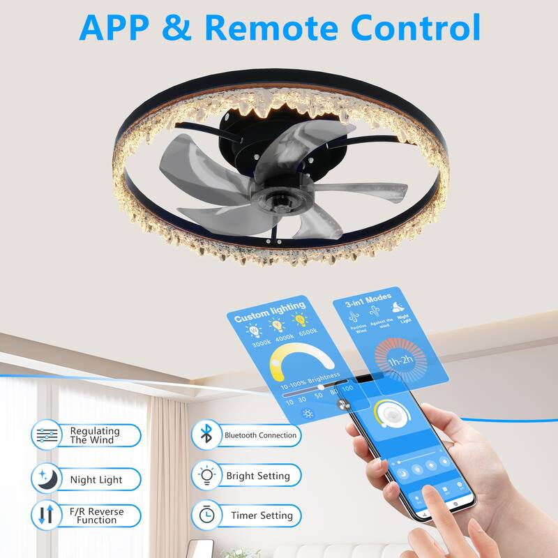 LunaDrift 16"20"24" Modern Black Crystal Smart Flush Mount Ceiling Fan with Light, Dimmable Bedroom Ceiling Fan w/Remote