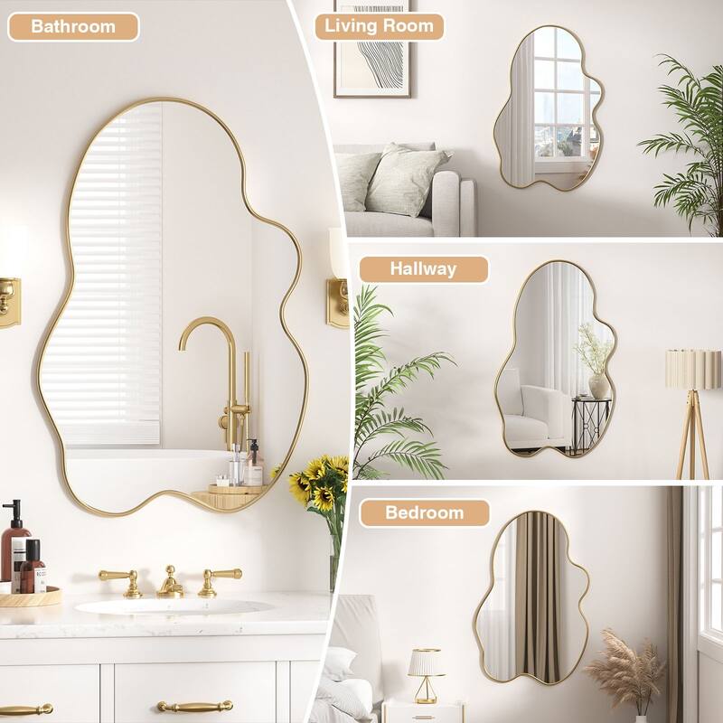 Anmytek Modern Gold Irregular Asymmetrical Wall Mirror - 35.4"x23.6" Decorative Mirror for Bathroom, Living Room, Bedroom
