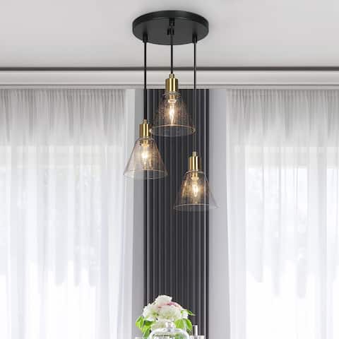 Modern Black Gold 3/1-light Pendant Light with Seeded Glass Dimmable for Kitchen Island