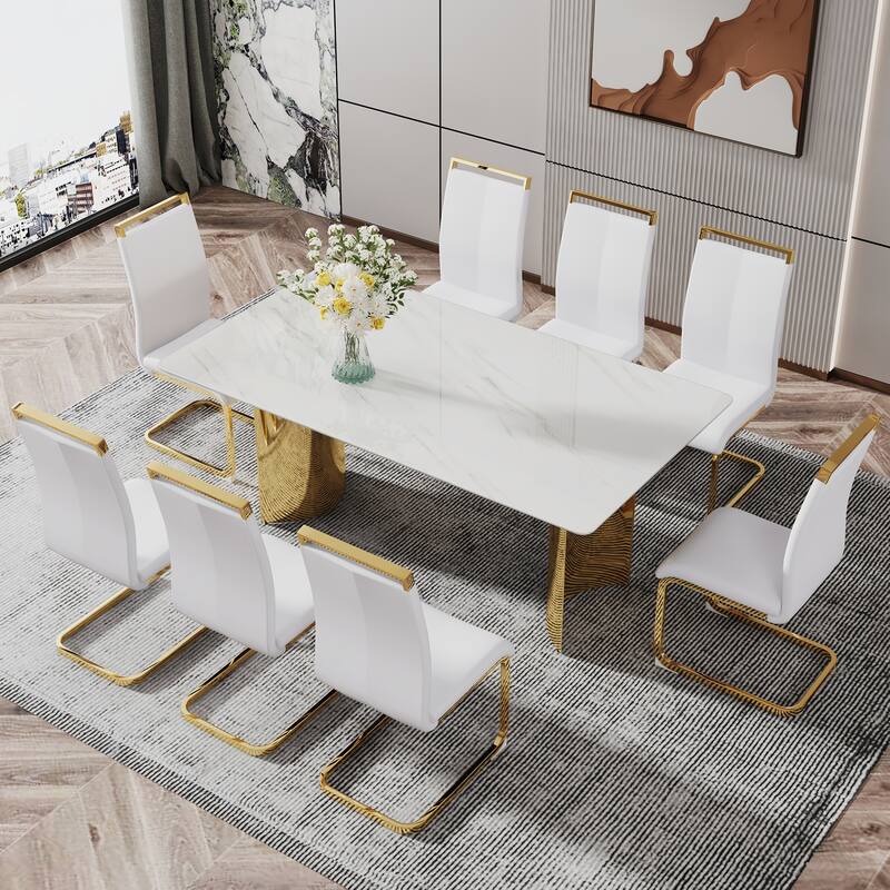 Roomfitters Dining Table with White Marble Glass Top and Gold Metal Legs for Kitchen or Living Room Use, White