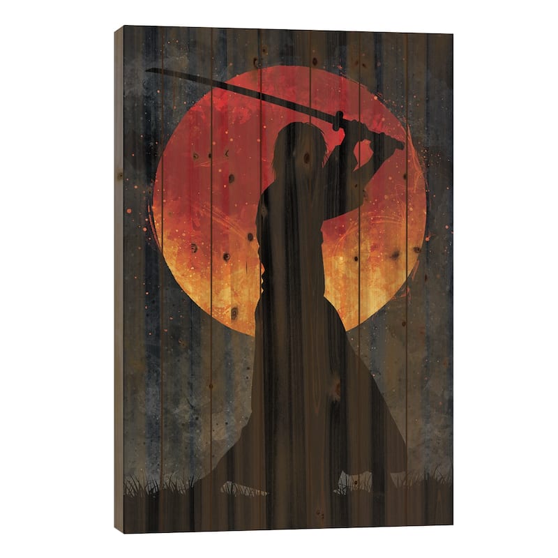 Samurai Moon Black Print On Wood by Nikita Abakumov - Multi-Color - 40x26x1.5