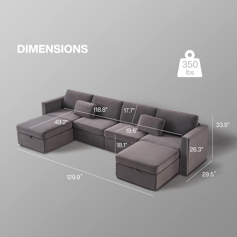 Modern Cotton Linen L-Shape Sectional Sofa, Oversized Upholstery Sectional Sofa, Chaise Couch with Storage Ottomans for Living R
