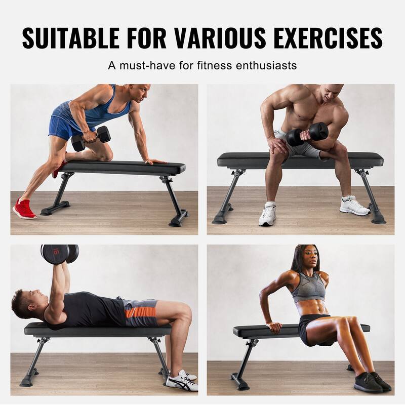 Black Steel Foldable Flat Weight Bench 1000lbs with Thick Cushion - 45.7" x 17" x 16.7"