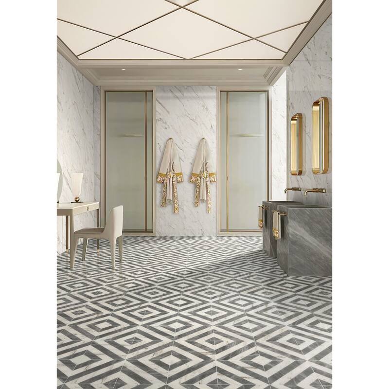 Roomfitters Waterjet Marble Tile for Floor and Wall, Polished Natural Stone, Genuine Marble, 8-Piece Box, White Gray