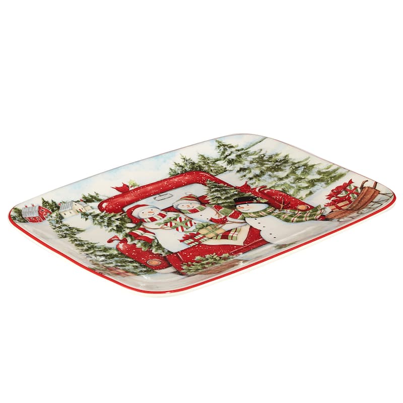 Certified International Red Truck Snowman Rectangular Platter, 14" X 10"