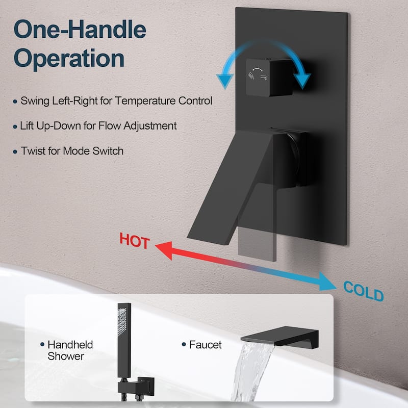 GRANDJOY Shower Faucet set Wall Mount Waterfall Tub Spout and Hand Shower Combo