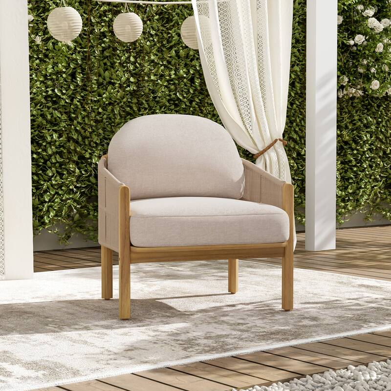 Christopher Knight Home - Ethan Outdoor Wood Club Chair with Rope and Cushion - 1-Piece - Teak Finish+Beige Cushion
