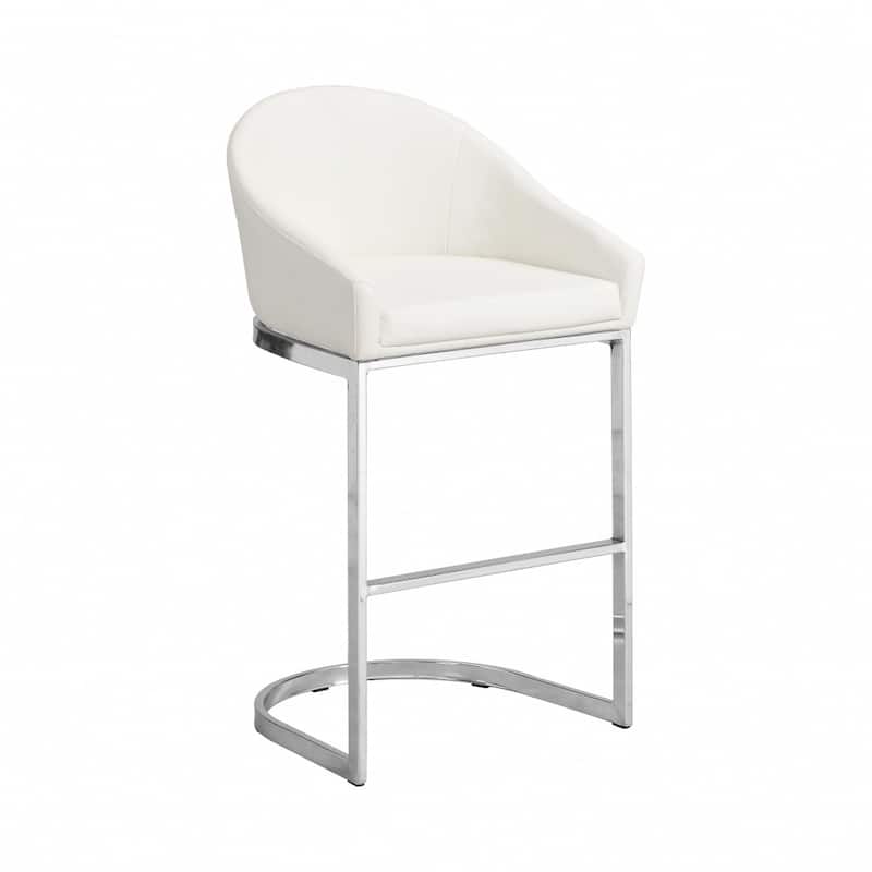 HomeRoots 35" White and Silver Faux Leather and Steel Low Back Bar Height Bar Chair