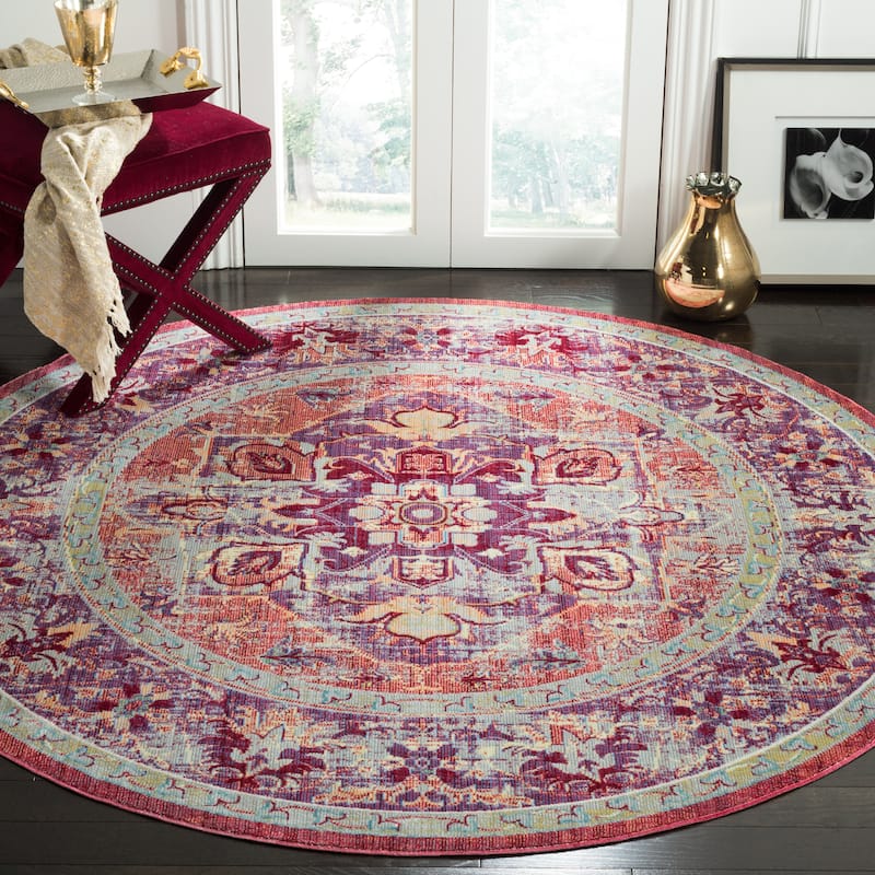 SAFAVIEH Claremont Lieve Vintage Boho Oriental Polyester Rug - 6'7" Round - Purple/Coral