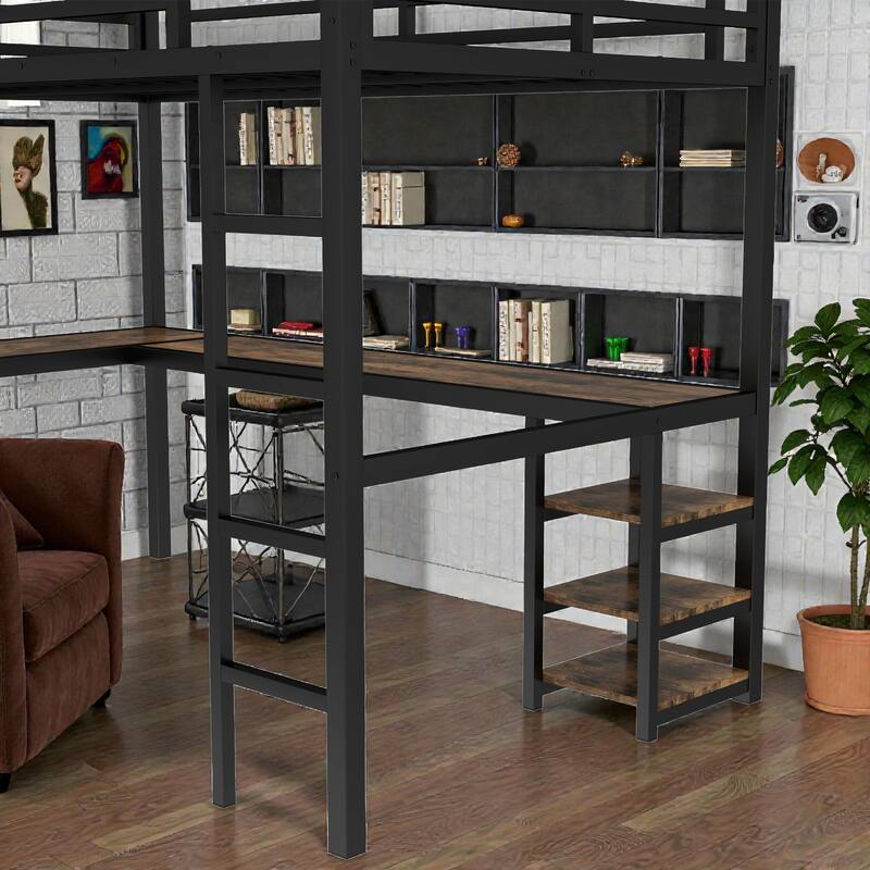 Twin XL Metal Loft Bed with Desk and Shelves, L Shaped Loft Bed Frame with Ladder and Guardrails