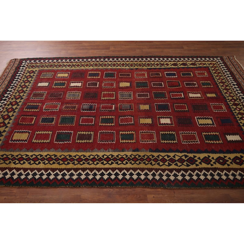 Vegetable Dye Red Kilim Qashqai Persian Vintage Wool Carpet - 5'6"x 9'3"
