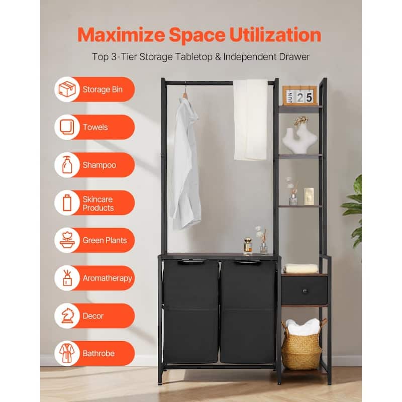 3-Tier Laundry Sorter with Rack Tall Laundry Hamper with Shelves 2 Section - 37.01 x 15.35 x 66.14 in