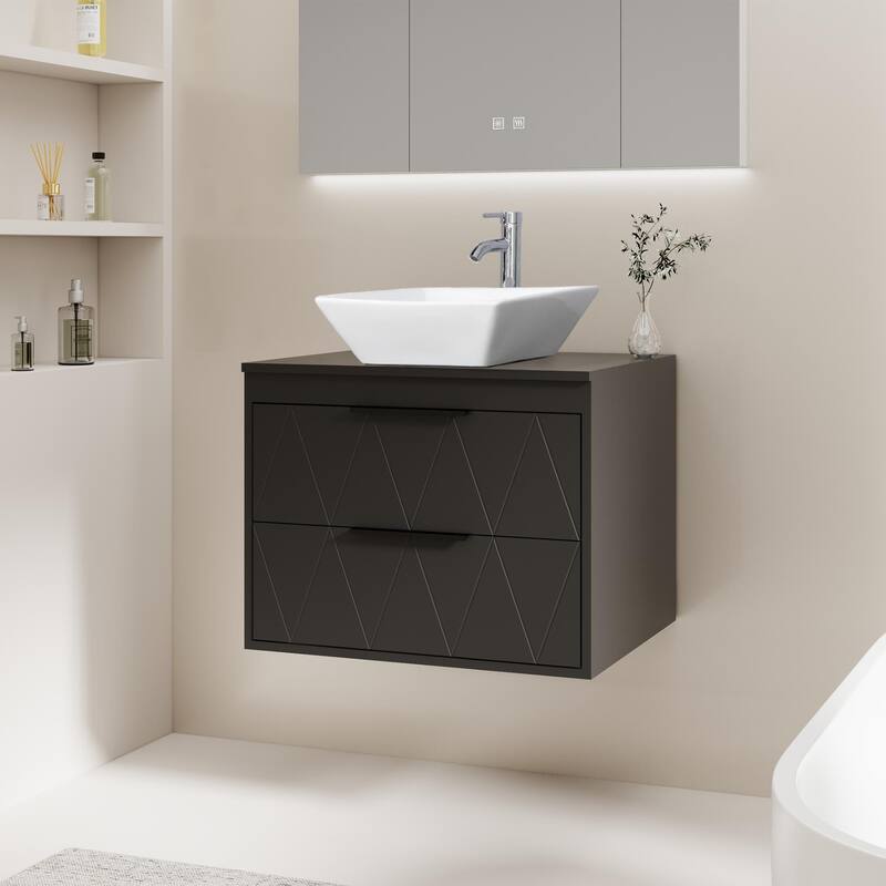 Modern Wall Mounted Bathroom Vanity Set with Vessel Sink & Faucet - black-24 in - 24-2 Ceramic square sink