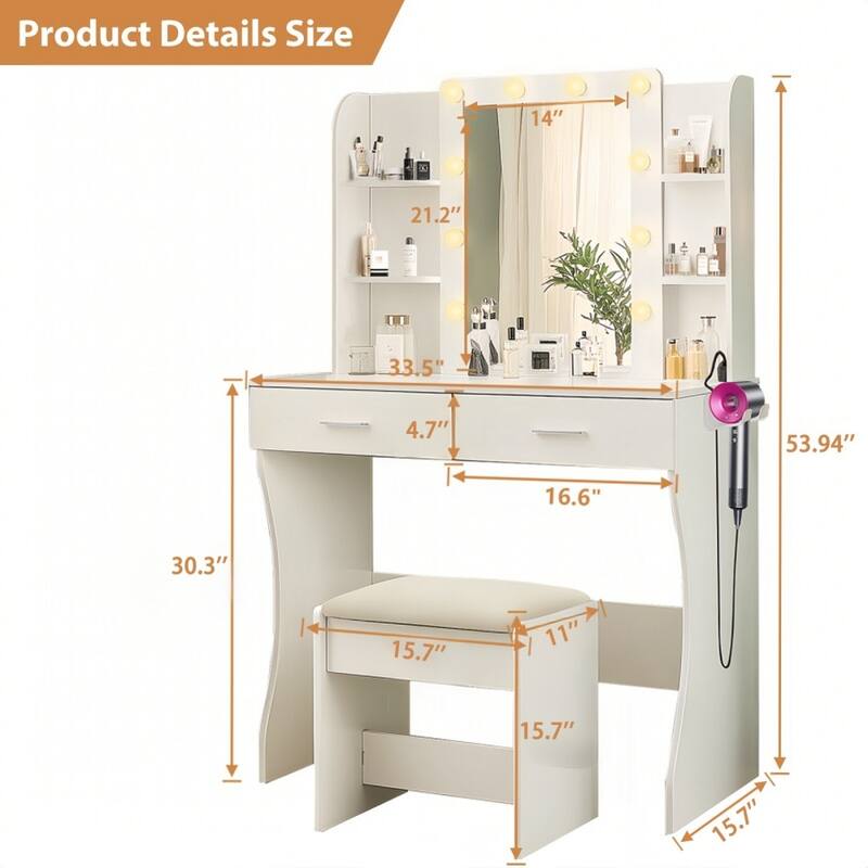 Modern Vanity Desk with Mirror and Lights and 2 Drawers、6 Storage Shelves for Bedroom